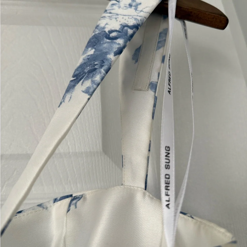 ALFRED SUNG Blue Floral Lace Up A-Line Gown - Picture 12 of 16